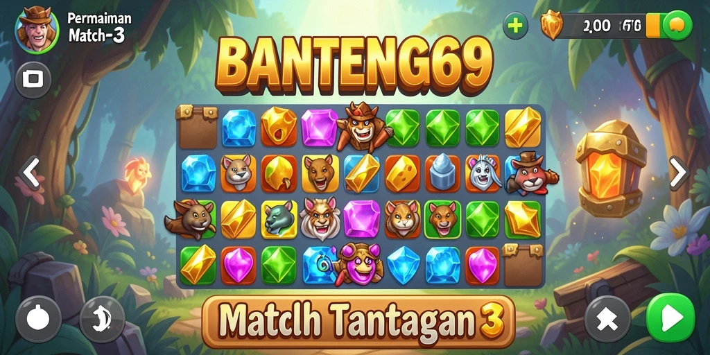 Tampilan gameplay BANTENG69 yang menarik dan penuh warna dalam permainan Match-3.