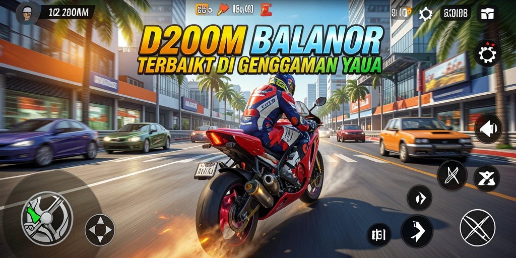 Screenshot gameplay D200M menunjukkan aksi balapan motor yang mendebarkan.