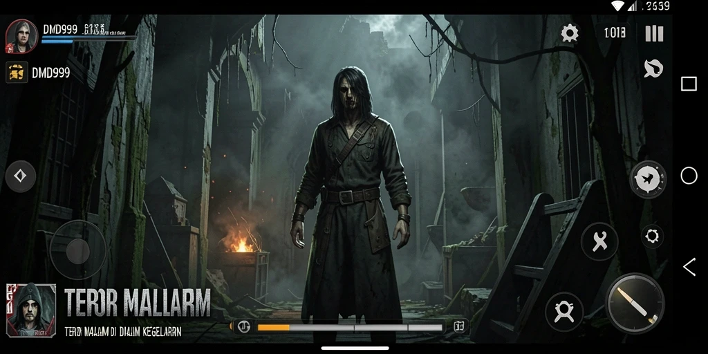 Screenshot gameplay DMD999 menampilkan kegelapan yang mencekam dan makhluk menakutkan.