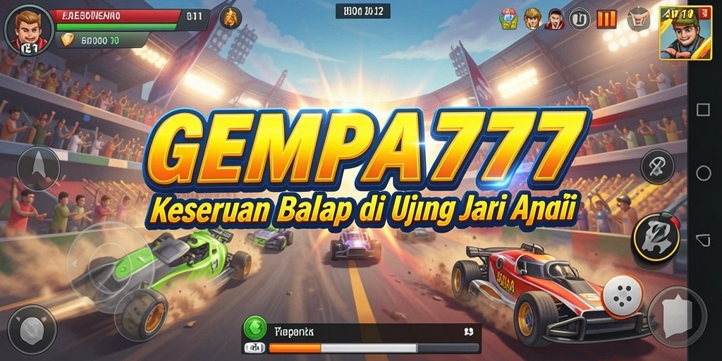 Screenshot gameplay GEMPA777 menunjukkan mobil balap menjelajahi trek yang menegangkan.