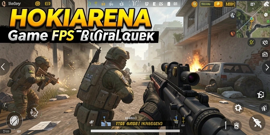 Screenshot gameplay HOKIARENA yang menunjukkan aksi pertarungan FPS yang mendebarkan.