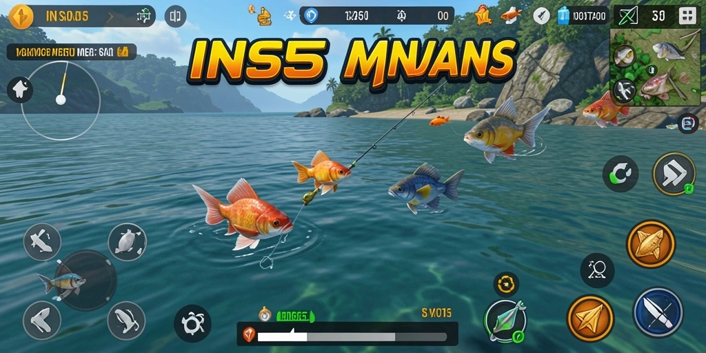 Screenshot gameplay INS55 yang menampilkan aksi memancing yang seru.