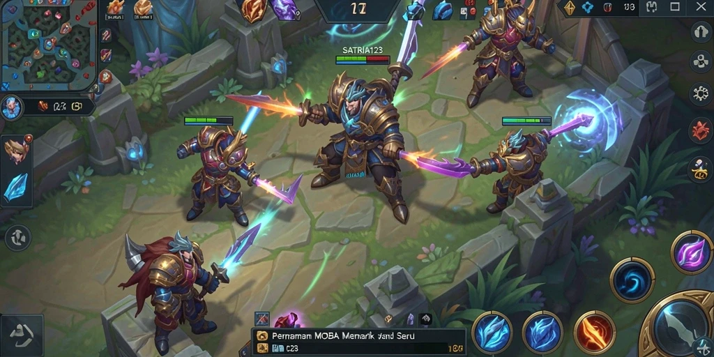 Screenshot gameplay SATRIA123 menampilkan aksi seru dalam pertempuran MOBA.