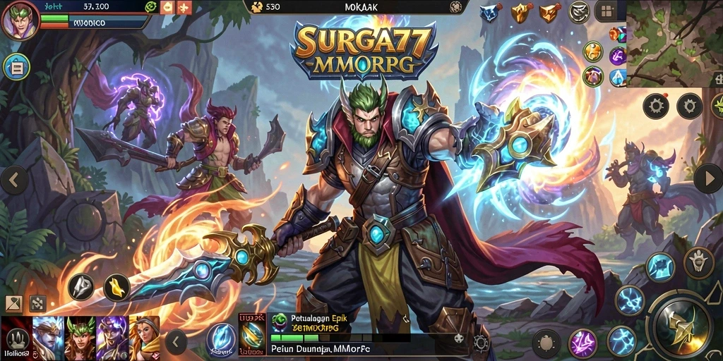 Screenshot gameplay SURGA77 menampilkan pertarungan seru di dunia MMORPG.